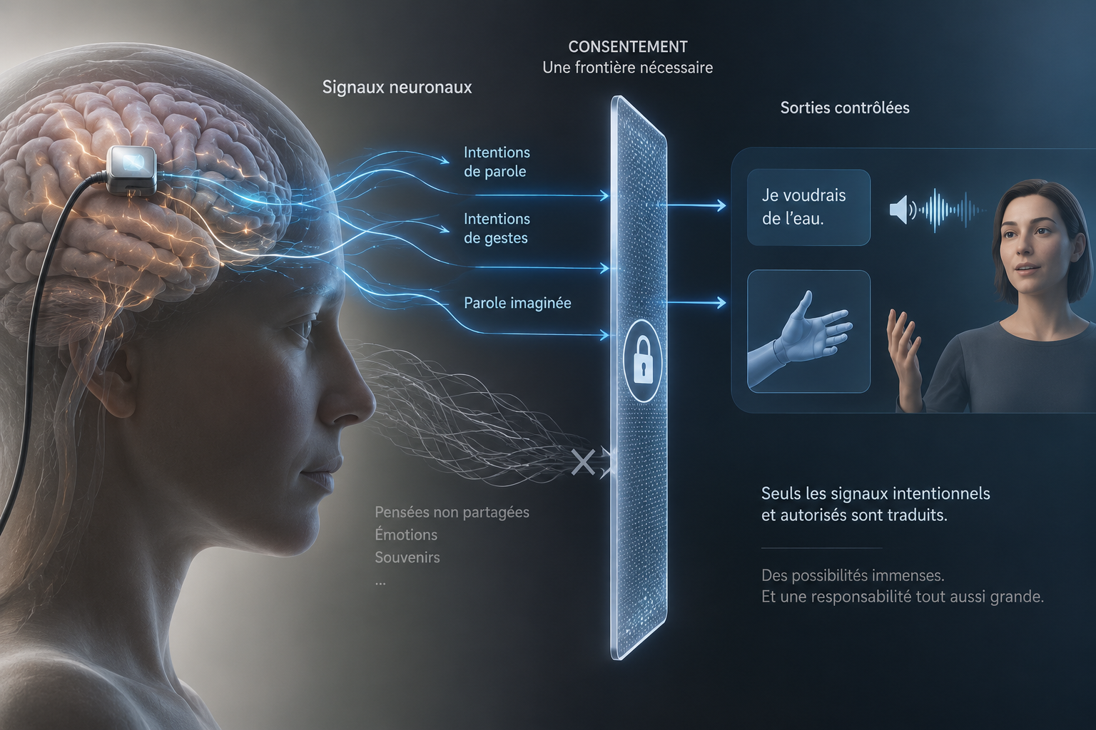Une interface cerveau-machine transforme certains signaux neuronaux intentionnels en parole et gestes tout en laissant les autres privés.