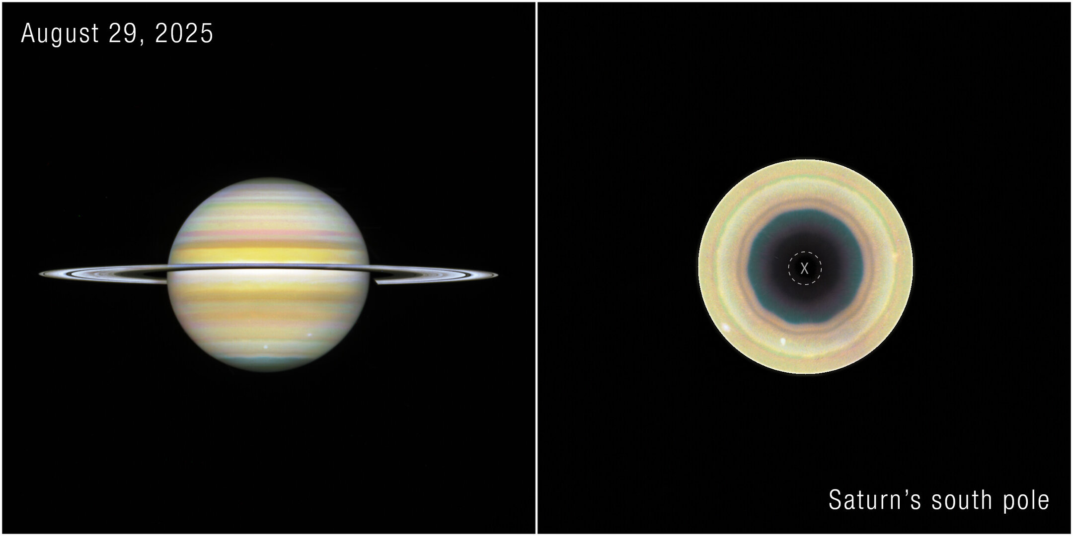 Vue du pôle sud de Saturne montrant une immense structure atmosphérique à dix côtés découverte grâce au télescope Hubble.