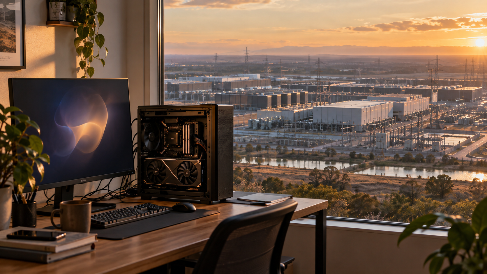Un ordinateur personnel équipé d’un GPU exécute une IA locale au premier plan tandis qu’un immense campus de datacenters apparaît au loin.