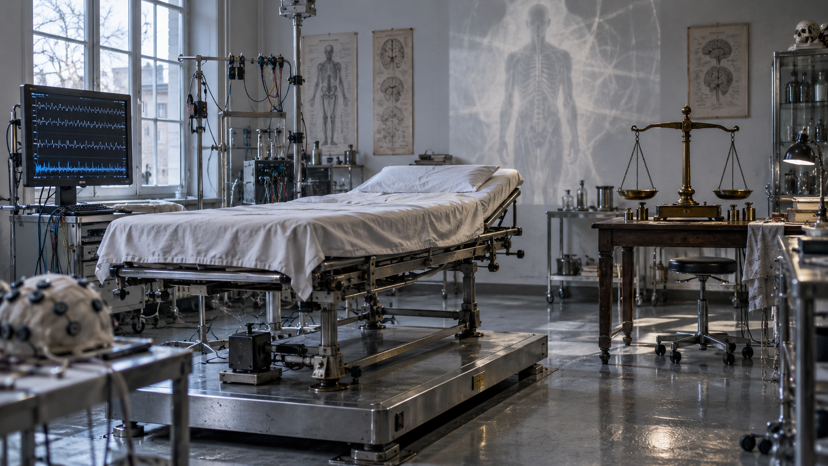 Un lit médical posé sur une balance de précision à côté d’équipements de neurosciences modernes, évoquant la tentative de mesurer physiquement l’âme.