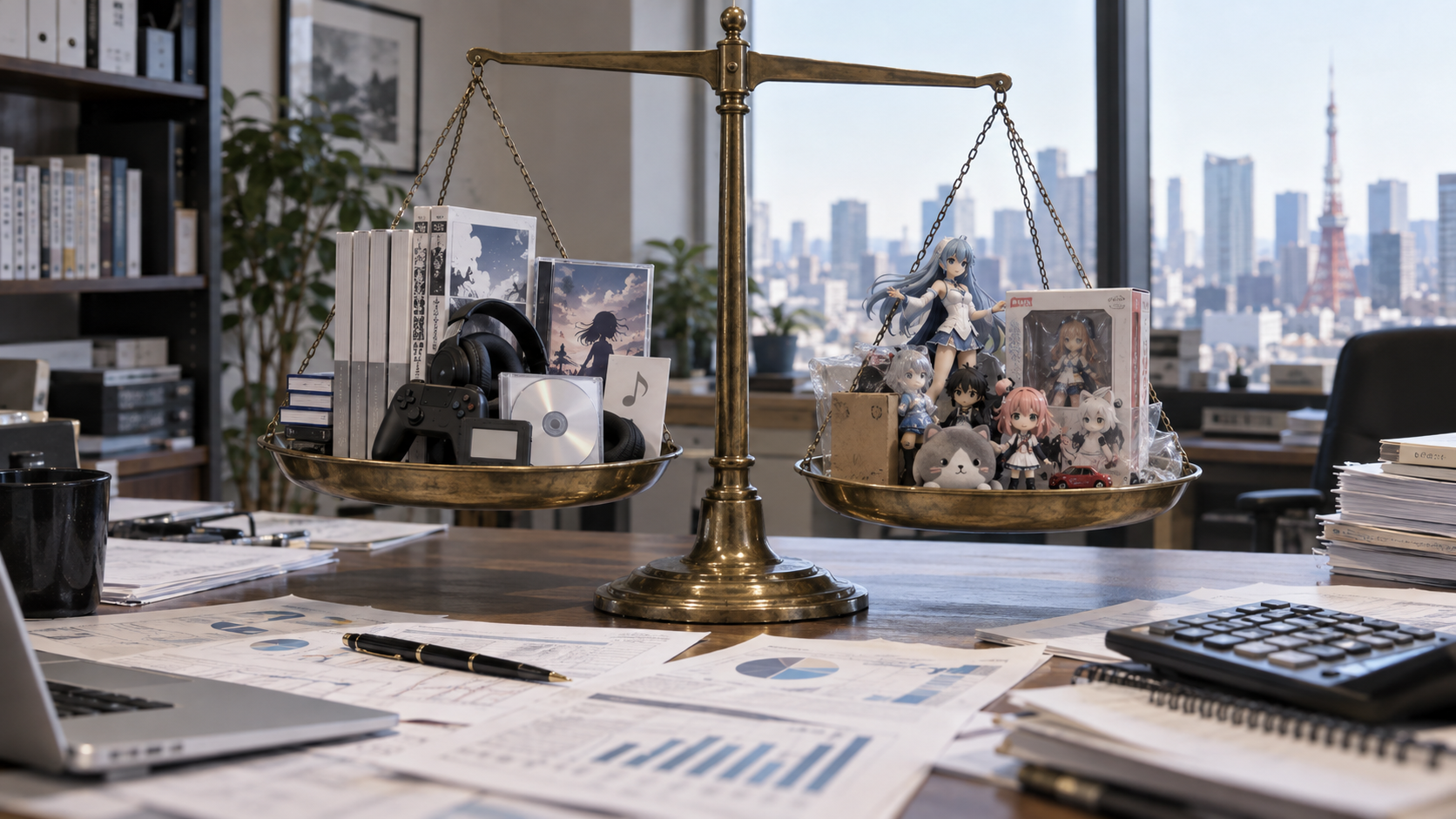 Une balance d’analyse économique oppose des contenus numériques japonais à des produits dérivés contrefaits au milieu de documents statistiques.