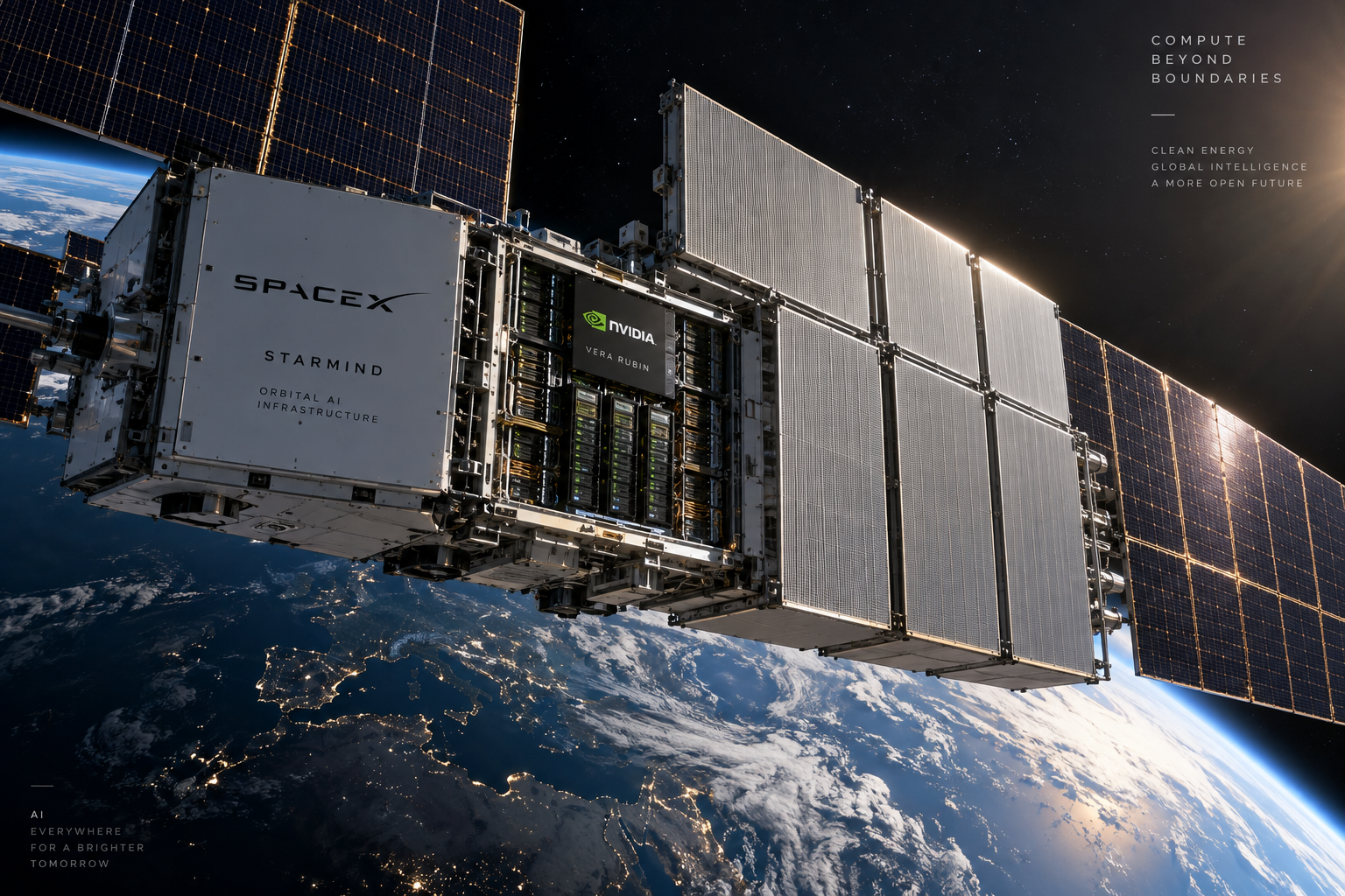  Un satellite de calcul Starmind doté de grandes surfaces solaires et de radiateurs thermiques transporte des systèmes d’intelligence artificielle en orbite.