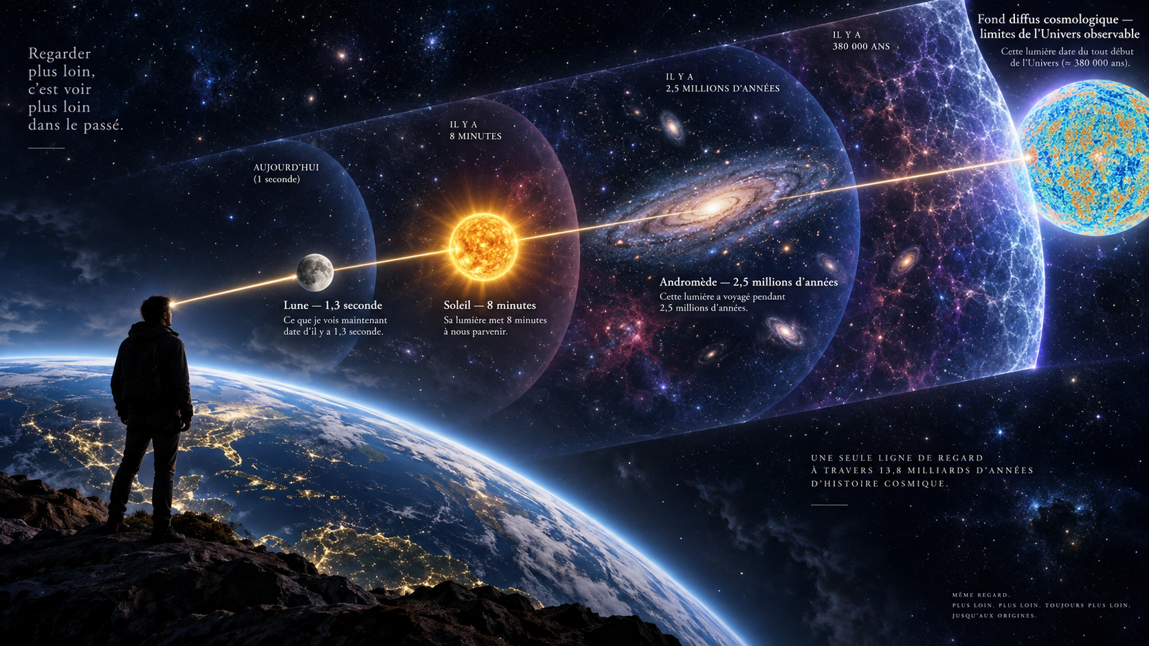 Illustration montrant que plus nous regardons loin dans l’Univers, plus nous observons une époque ancienne de son histoire.